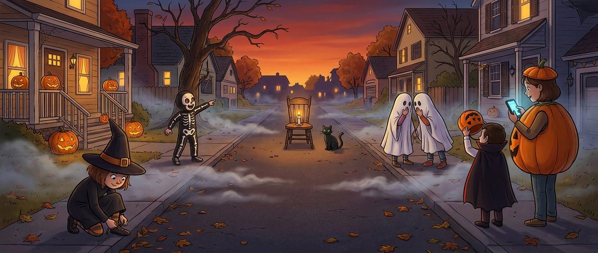 Bild: Straße am Halloween-Abend mit Nebel, Kindern in Kostümen und einem leeren Stuhl mit Kerze in der Mitte