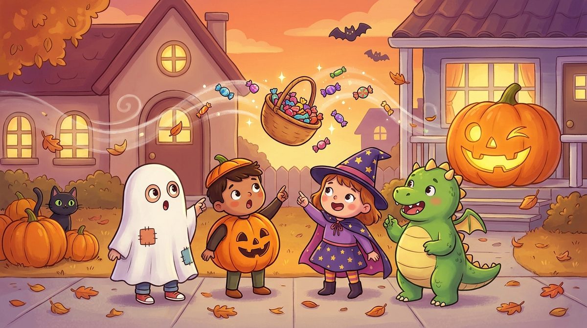Bild: Kinder in Halloween-Kostümen zeigen staunend auf einen Süßigkeitenkorb, der durch die Luft fliegt