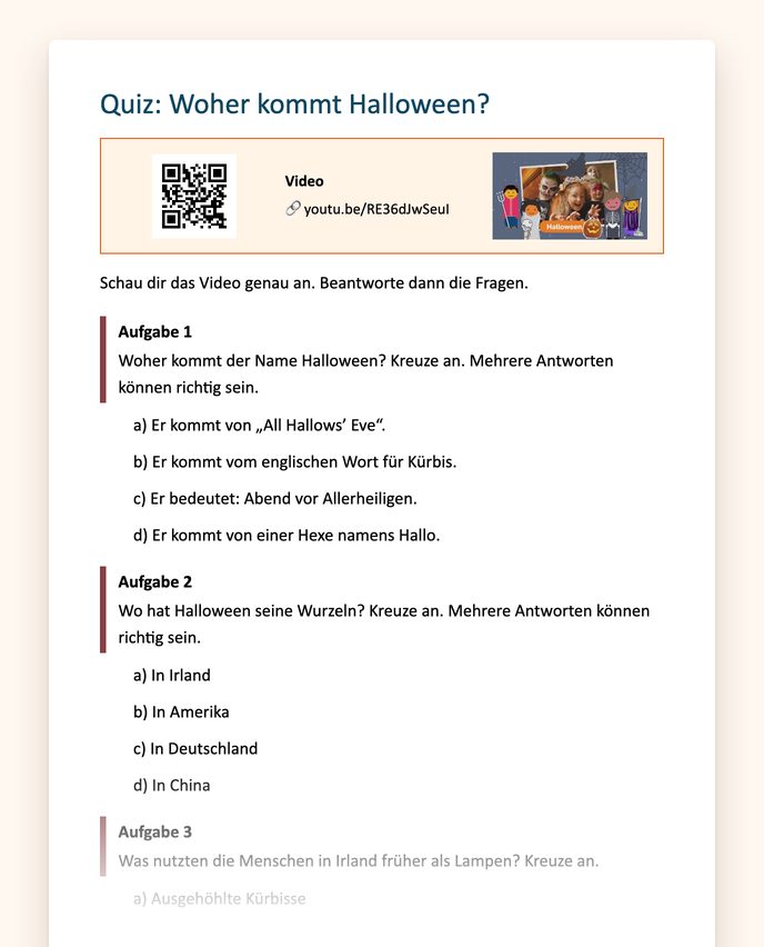 Ausschnitt aus dem Beispiel-Quiz „Woher kommt Halloween?“